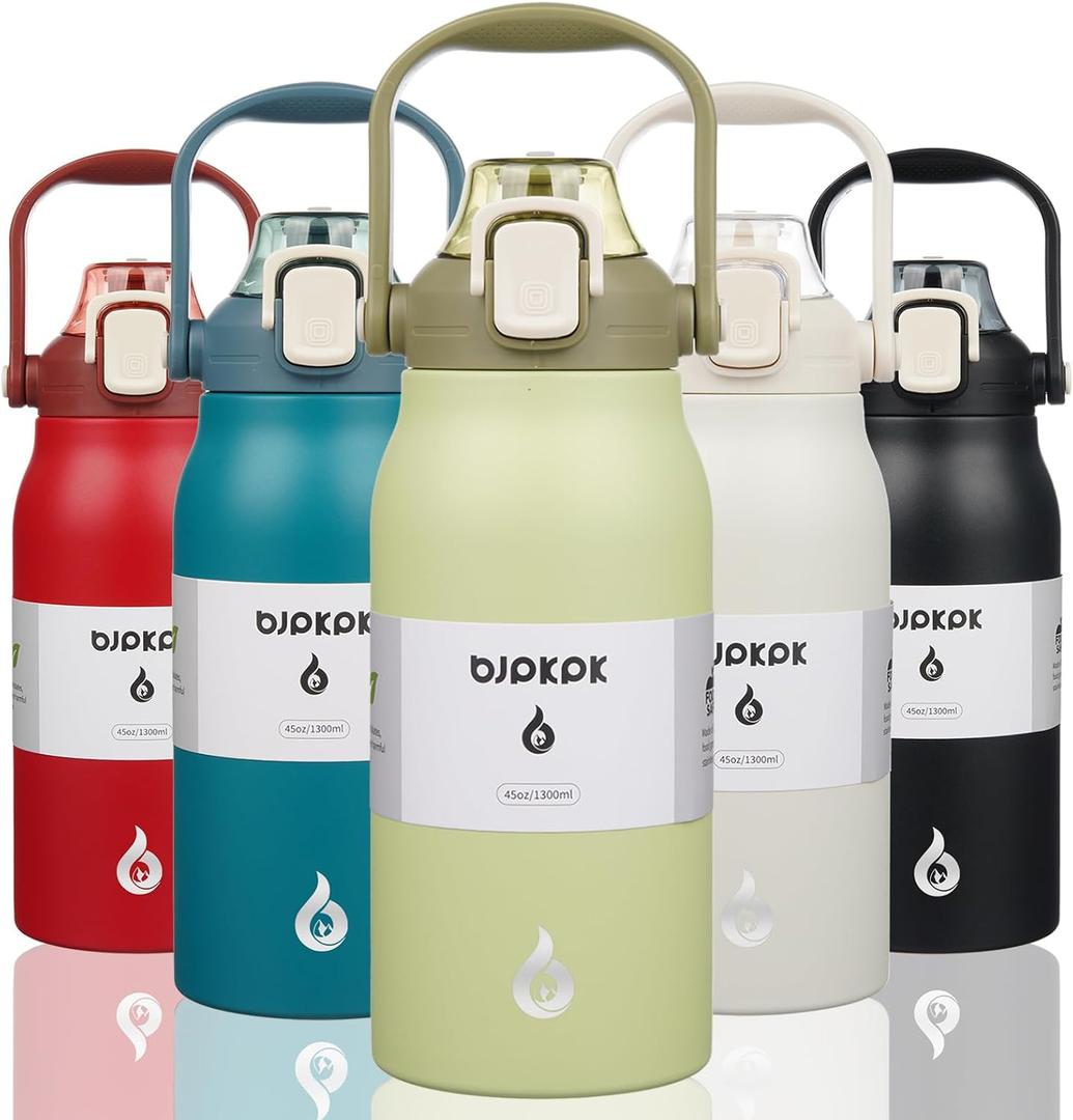 BJPKPK Insulated Water Bottles with Straw, 45 oz Stainless Steel Metal Water Bottle with One-handed Opening Lid, BPA Free Reusable Jugs for Gym Sports Outdoors, Light Green