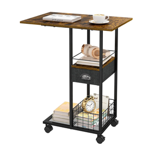 Rolling C-Shaped Side Table with Wheels and Oversized Wood Top, Mobile Overbed Stand with Drawer for Bed or Sofa, Metal Frame Couch Companion for Living Room, Bedroom, or Home Office (Large Desktop)