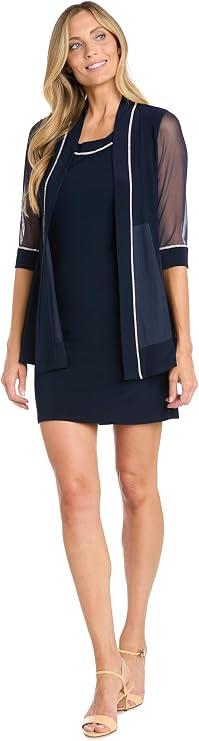 R&M Richards Women's 2-Piece Knee-Length Dress Set W/Sheer 3/4 Sleeve Embellished Jacket - Formal Cocktail Party Outfit 16W