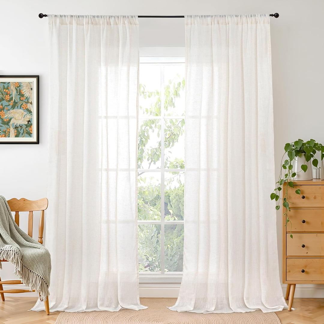 BGment Linen Semi Sheer Curtains 84 Inch Length 2 Panels Set for Living Room - Ivory Textured Light Filtering Drapes with Rod Pocket Lightweight Window Treatments for Bedroom, 52 X 84 Inch