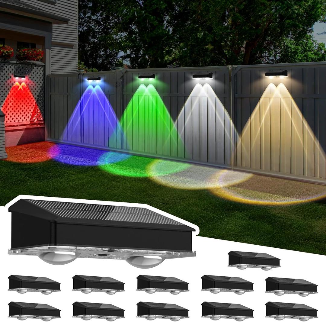 Solar Fence Lights Outdoor 12 Pack, Warm White & Cool White & 6 Colored+RGB Color Changing, High Brightness LED Spot Lens Deck Lights Dusk to Dawn for Backyard Railing Patio Wall, IP65 Waterproof (ABS)
