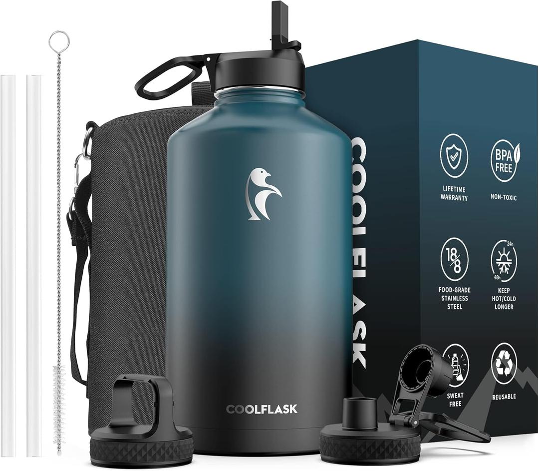 Coolflask 128 oz Gallon Water Bottle Insulated with Straw&3 Lids, Water Jug Large Stainless Steel Metal Vacuum Wide Mouth for Sports, Gym or Office, Non-BPA Keep Cold 48H Hot 24H, Samurai Cyan (128 Ounces, Samurai Cyan)