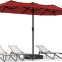 15FT Large Patio Umbrella with Base, Double Sided Rectangular Outdoor Umbrella with Sturdy Fiberglass Ribs, UPF 50+ Sun Protection, Wind-Resistant, Waterproof Fade-Resistant Fabric for Pool, Garden, Backyard, Deck(Red)