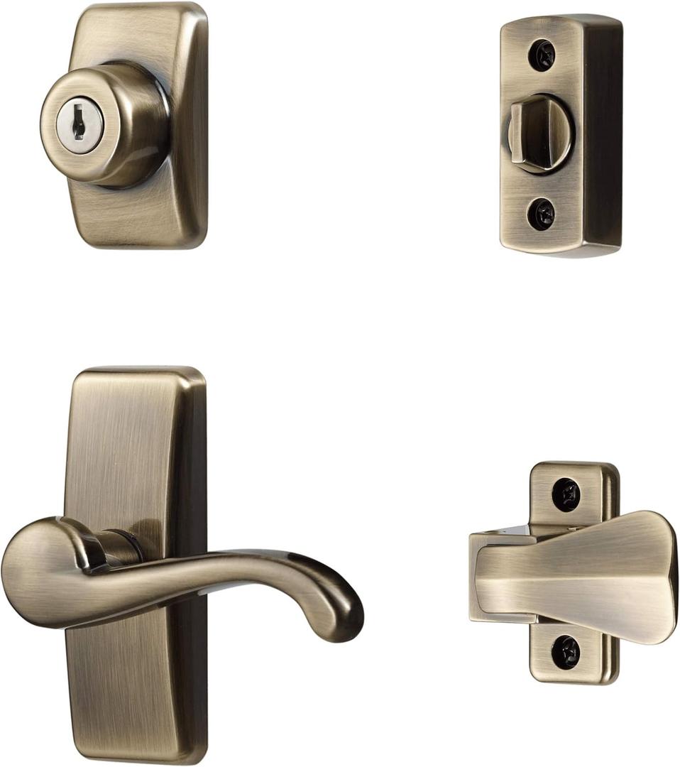 Ideal Security Door Lever with Deadbolt Lock for Storm and Screen Doors, Antique Brass (4-Piece Set)