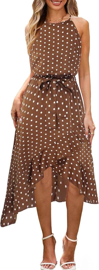 ECOWISH Polka Dot Women Summer Dress Midi A Line Ruffle High Low Sleeveless Boho Floral Halterneck Cocktail Tie Knot Sundress (Medium, Coffee)