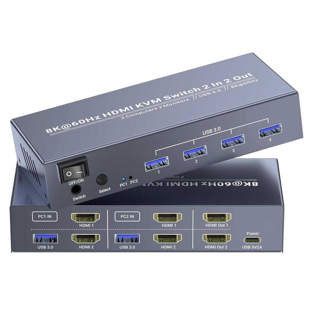 8K60Hz 4K120Hz HDMI KVM Switch 2 Monitors 2 Computers, USB 3.0 Dual Monitor HDMI KVM Switch for Controlling 2 PC with 1 Set of Keyboard, Mouse and 2 Monitors
