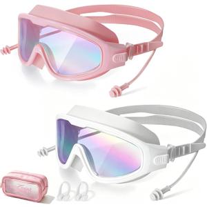 Adult Swimming Goggles,Leak-Proof,Anti-Fog Pool Glasses,Wide View Swim Goggles with Ear Plugs and Nose Clip, One Size