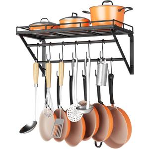 OROPY 23 Inch Wall Mounted Pot Rack Storage Shelf with 2 Tier Hanging Rails 12 S Hooks included, Ideal for Pans, Utensils, Cookware, Plant Black