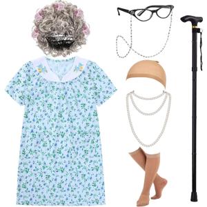 EBYTOP 2023 Girls Old Lady Costume Kit with Nightgown Wig Cane & Other Halloween Cosplay Accessories (Small(5-7yr))
