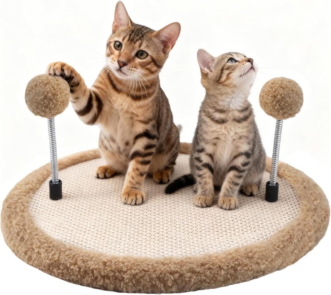Cat Scratcher, Natural Sisal Scratching Pad with Spring Ball, Wooden Interactive Toy for Indoor Cats, Satisfies Scratching & Chasing Nature, Mental Stimulation, Boredom Relief for Kitten & Medium Cats