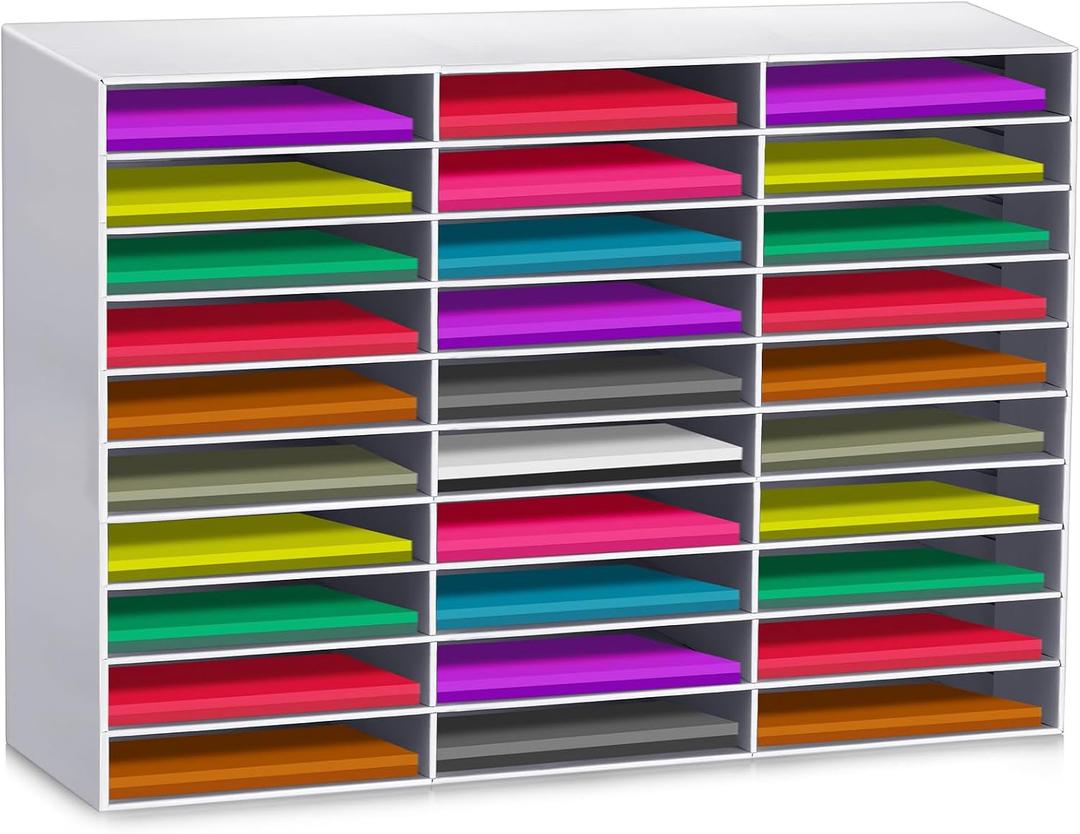 Fuutreo 30 Slots Construction Paper Storage, Classroom Mailboxes, Back to School Literature Sorters, Sturdy Cardboard Paper Organizer for Teacher, Student, Office, 30.7 x 20.67 x 12.4 Inches(White)