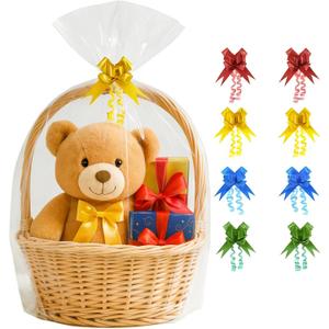 Volokitx 7-Pack 40x50 Inch Clear Cellophane Bags with 8 Colorful Pull Bows,Extra Large Cellophane Wrap for Gift Baskets, Baby Showers, Raffles, and Charity Auctions