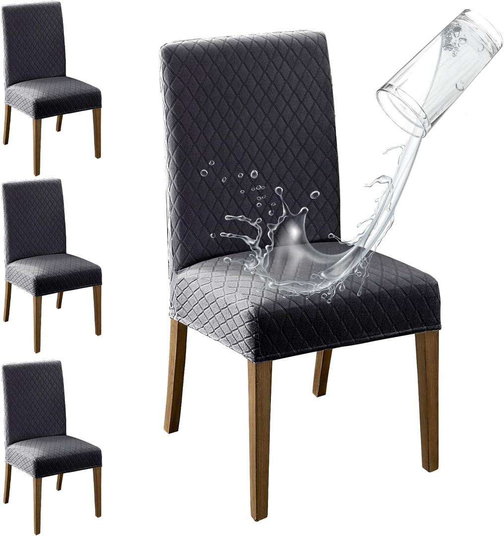 MOSAYT 100% Waterproof Dining Room Chair Covers Set of 4, Super Fit Stretch Jacquard Parson Chairs Slipcovers Removable Washable Chair Seat Protectors for Home, Kitchen, Banquet (Dark Grey)