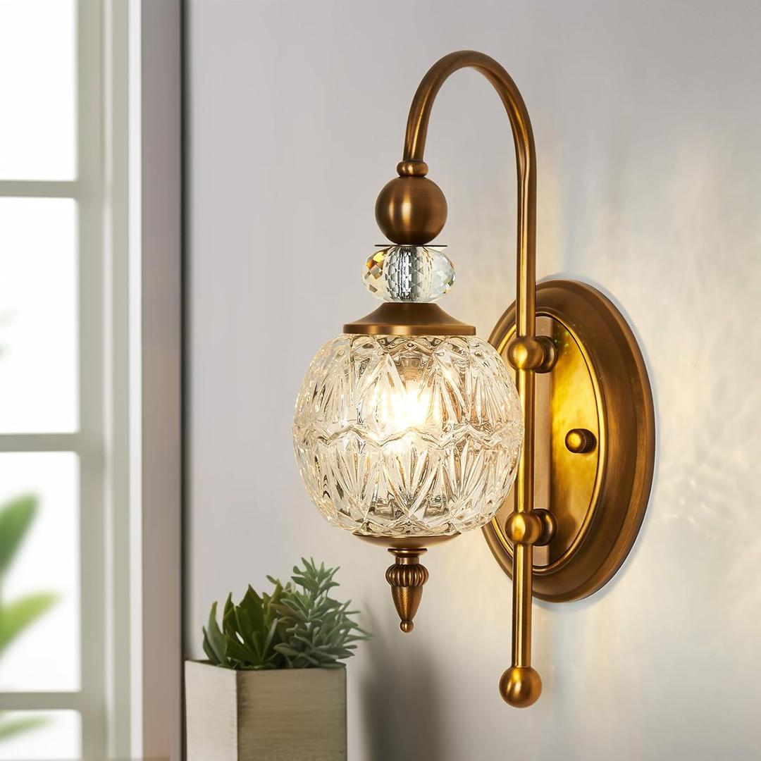 Piepooye Vintage Gold Wall Sconce with Glass Globe Shade Mid Century Brushed Brass G9 Bulb Vanity Light Indoor Wall Light for Bathroom Farmhouse Bedroom Living Room Hallway