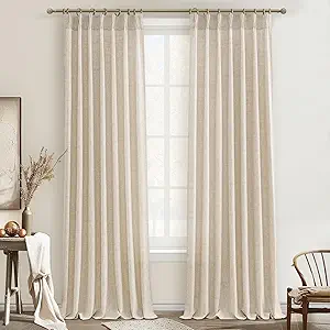 Textured Drop Cloth Curtains 102 Inches Long 2 Panels Oatmeal Cream, Light Filtering Privacy Sheer Curtains That Let Light In Country Linen Blend Pleat Memory Shape Curtain with Hooks Bedroom Living