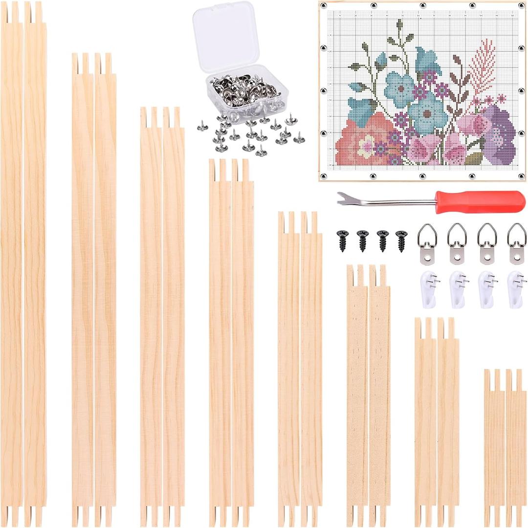 16 Pcs 8 Sets Needlepoint Stretcher Bars for Needlework, 8 Sizes (6 8 10 12 14 16 18 20 inch), 100 Tacks and Tacks Remover, Wood Canvas Stretcher Bars for Embroidery Needle Stitch Craft Art