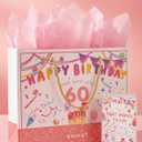 BOPLYBAY 60th Birthday Gift Bag for Women with Card & Tissue Paper - Large 13" Pink Age 60 Party Favor Bag, 60 Year Old Birthday Gifts Wrapping for Mom Grandma Wife