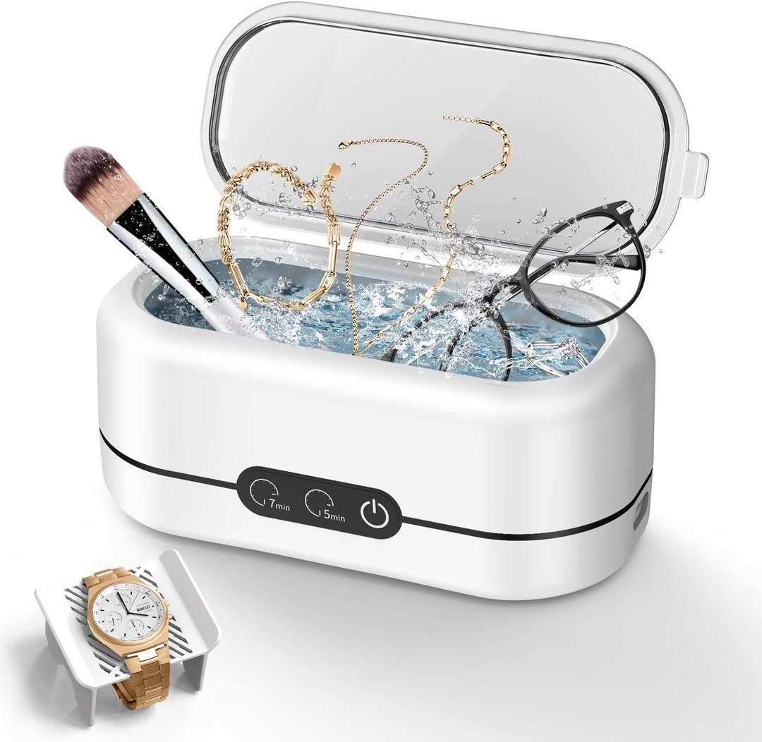 Miorcols Ultrasonic Jewelry Cleaner, 48KHz Portable Ultrasonic Cleaner Machine for Eyeglasses, Necklaces,Rings, Watch Strap, Makeup Brush, Dual Cleaning Modes-Pure White