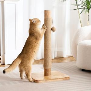 Kicari 29" Tall Cat Scratching Post for Indoor Cats Adults, Extra-Stable & Natural Solid Wood Scratching Post Sisal Scratcher with Hanging Funny Ball, Beige