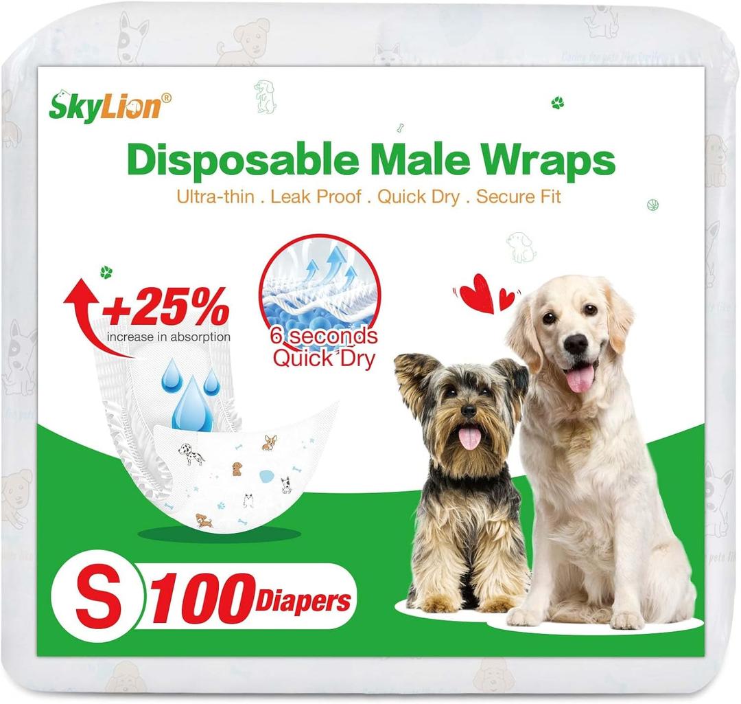 Dog Diapers Male Disposable Super Absorbent, 100 Count, Male Dog Wraps Leak Proof, Ultra Dry & Breathable, Small