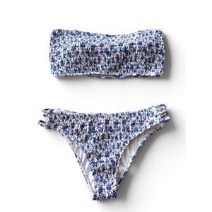 Women's Strapless Ditsy Blue Floral Bikini Set, Backless High Cut Swimwear, Casual 2 Pieces Beach Outfits For Summer Holiday,Vacation Holiday, Medium 