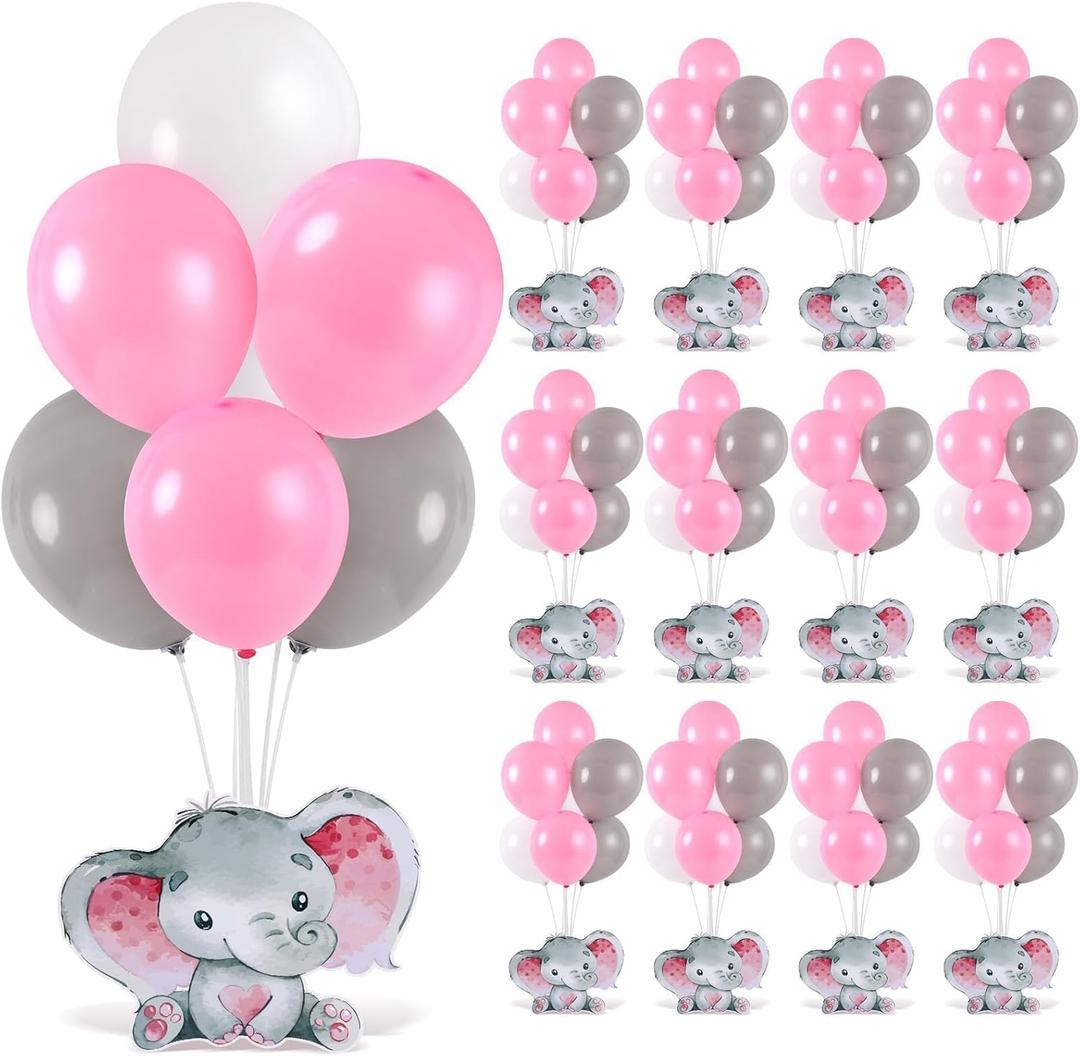12 Sets Elephant Baby Shower Balloon Stand Kit for Table Pink Elephant with Balloon Centerpieces Decor for Elephant Theme Gender Reveal Birthday Party Photo Props Supplies