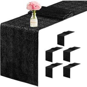 6 Packs 12 x 72 inches Sequin Table Runner, Black Glitter Table Runner for Birthday Party Supplies Wedding Engagement Baby Shower Holiday Celebration Event Decorations