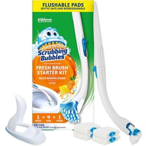 Scrubbing Bubbles Toilet Bowl Cleaning System with Flushable & Disposable Cleaner Refill Pads, Fights Odors and Helps Remove Limescale & Hard Water Stains, Citrus Scent, 1 Wand + 4 Refills + 1 Stand