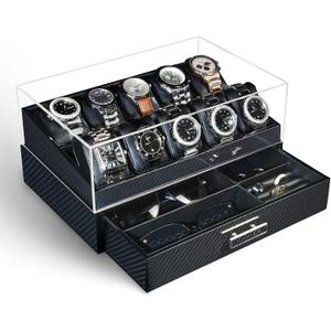 KAMIER Watch Box, 10 Slots Mens Watch Case with Glass Lid, Watch Display Case With Drawer, Removable Watch Pillows Watch Holder Organizer, Jewelry and Watch Storage for Men Women, Carbon Fiber