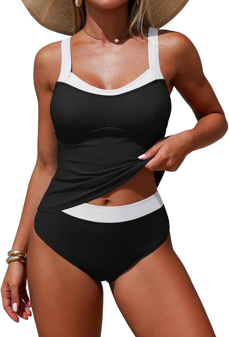 ZAFUL Womens Tankini Swimsuits Retro High Wasited 2 Piece Bathing Suit Modest Tummy Control Vacation Swimwear 2026 (Black, S)