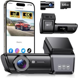 F8 Car Camera Dash Cam Front and Rear, 4K+1080P 170 Wide Angle Dual Dash Camera for Cars with 64GB Card,Wireless 5G WiFi&App Control,WDR/HDR Night Vision, 24H Parking Mode,Loop Recording