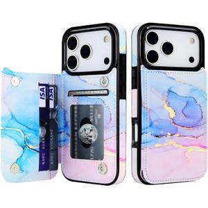 HAOPINSH Wallet Case with Card Holder for iPhone 17 Pro, Pink Blue Marble Pattern Back Flip Folio PU Leather Kickstand Card Slots Case, Double Magnetic Clasp Shockproof Cover 6.3"