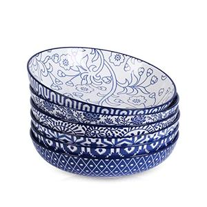 Selamica Porcelain 26 Ounce Pasta Bowls Set of 6, 8 inch Wide and Shallow Salad Bowls, Serving Bowls, Microwave & Dishwasher Safe, Sturdy & Stackable, Vintage Blue