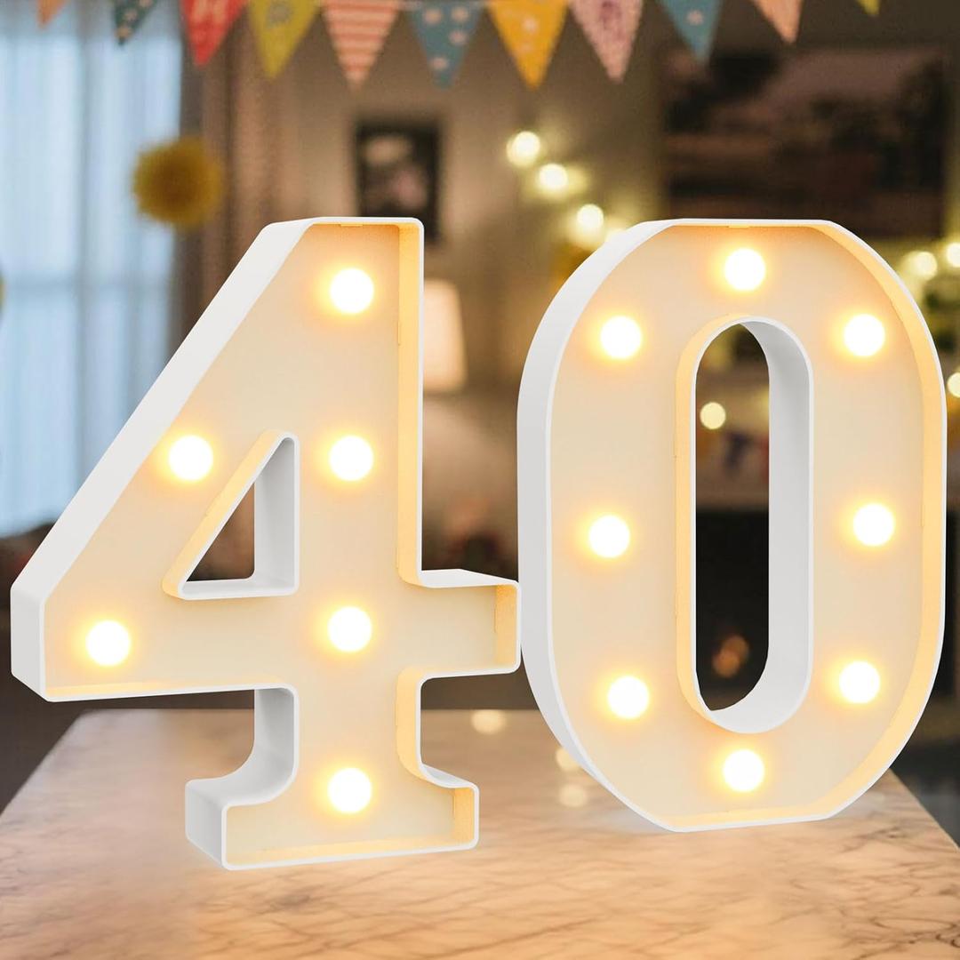 LED Marquee Light Up Numbers Sign - Lighted Birthday Numbers Sign for 40th Birthday Party Decoration, Bar Wall, Home, Table Room, Wedding and Christmas Decorations, Number 40
