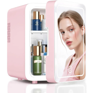 CUTIEWORLD Skincare Fridge With Dimmable LED Light Mirror, 4L Makeup Mini Fridge for Bedroom, Car, Office & Dorm, Cooler & Warmer, Portable Small Refrigerator for Cosmetics, Skin Care and Food, Pink