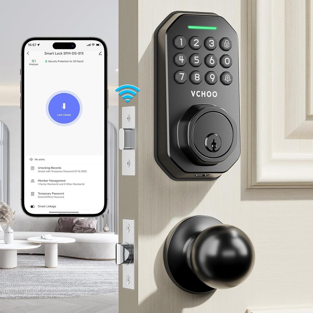 Keyless Entry Door Lock with Handle, App Control Door Locks for Front Door, Auto Lock Keypad Door Lock with Handle, Smart Door Lock for Home Hotel Bedroom with 2 Door Knobs (Matte Black)