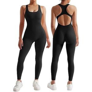 RXRXCOCO Women Backless One Piece Jumpsuits Sleeveless Scoop Neck Bodycon Romper Seamless Workout Yoga Jumpsuits, Large