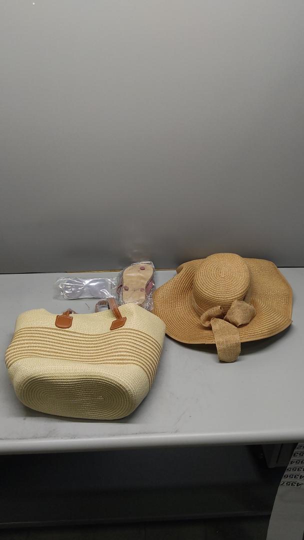 Casuallined 4 Pcs Women Straw Beach Hat Set with Straw Beach Tote Bag Summer Sunglasses Women Head Scarf Hat  Slippers for Travel(Beige) Slippers size 11.5