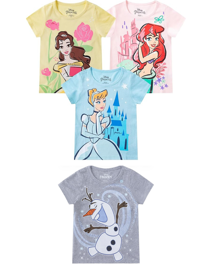 Disney  Princess Ariel, Cinderella, Belle, and Olaf, 4 Piece Short Sleeve T-Shirt for Toddler and Big Kids (Purple/Grey/Blue)