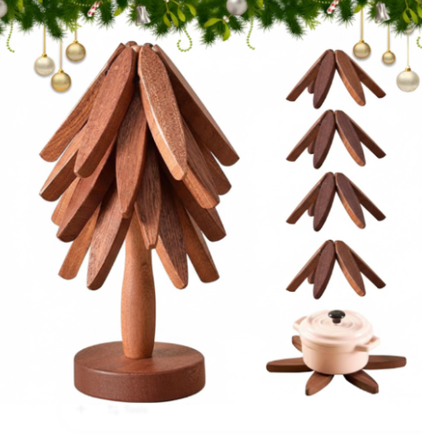 Wooden Trivets for Hot Dishes, Tree Shape Trivet Set, Foldable Kitchen Wooden Trivets, Tree Coaster for Hot Dishes , Pot, Bowl, teapot, hot Pot Holders (4 Piece-Walnut)