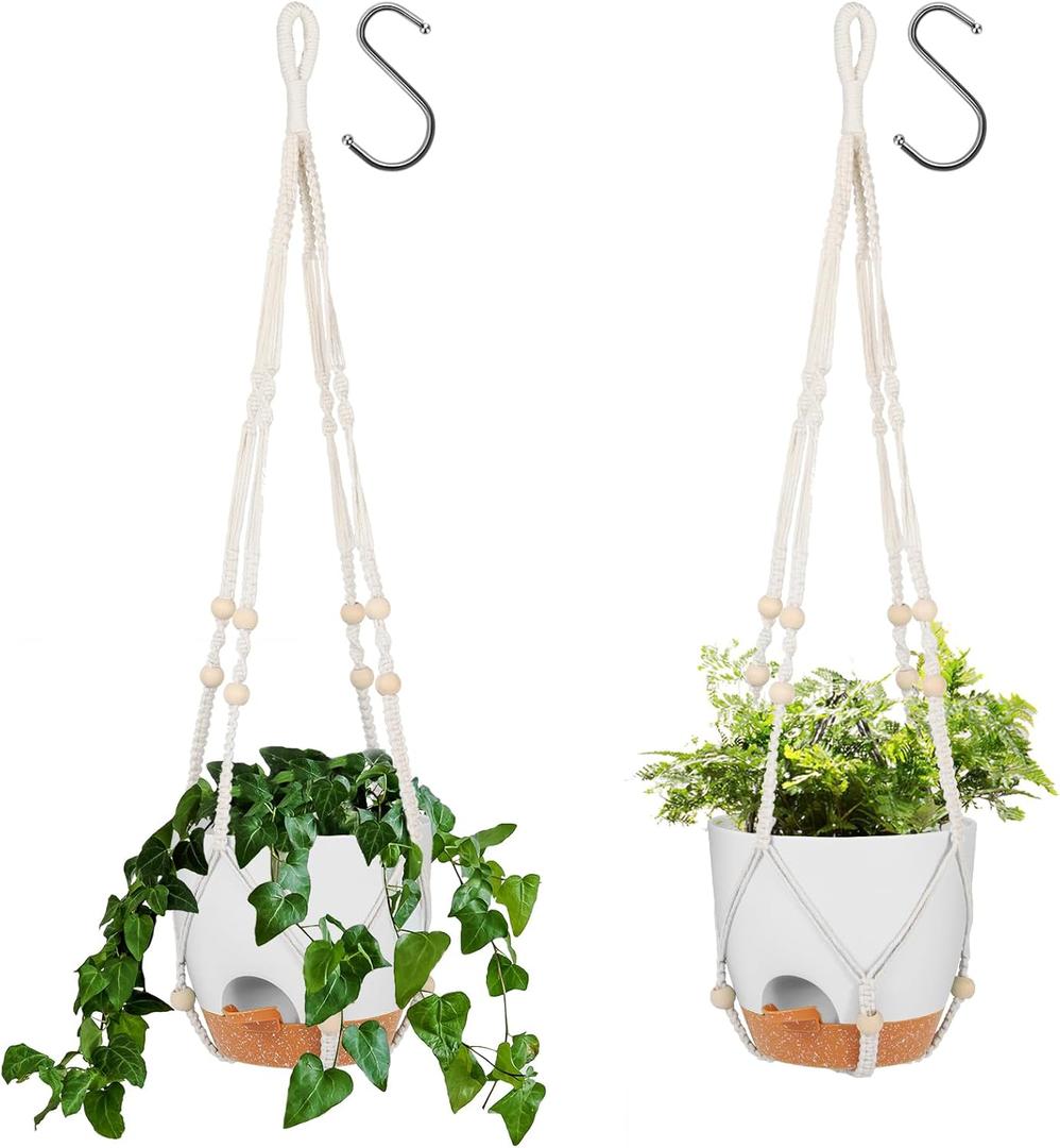 GARDIFE 8 Inch Hanging Planters with Macrame Plant Hanger for Indoor and Outdoor Plants, 2 Pack Large Self Watering Hanging Plant Pot with Basket Flower Pot with Drainage Hole, White GARDIFE 8 Inch Hanging Planters with Macrame Plant Hanger for Indoor and Outdoor Plants, 2 Pack Large Self Watering Hanging Plant Pot with Basket Flower Pot with Drainage Hole, White