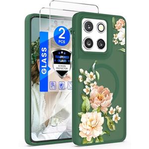 Yucenx for Motorola Moto G Stylus 5G 2025 Floral Phone Case with 2X Screen Protector, Military Grade Magnetic Translucent Matte Girls Women Flower Pattern Protective Cover (Green)