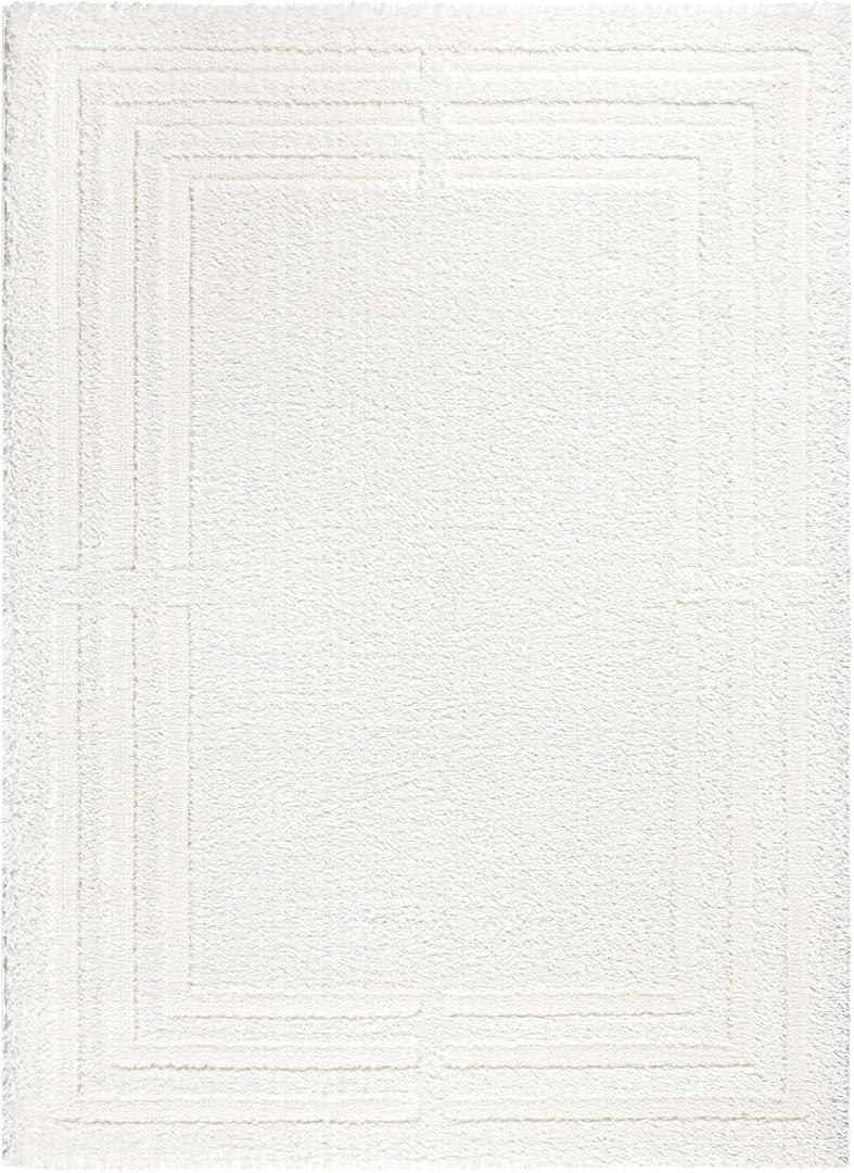 Town & Country Everyday Cloud Shag Plush Border Area Rug with High-Low Pile, Ivory, 6'6"x9'6"