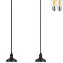 2 Pack 8" Milk Glass Pendant Light Black Schoolhouse Light Fixture Schoolhouse Pendant Light Milk Glass Light Fixture Mid Century Modern Ceiling Light for Bedroom Bathroom Kitchen (Bulb Incl.)