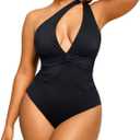 SHAPELLX Women's One Piece Swimsuit Tummy Control Ruched Full Coverage Bathing Suit V Neck Slimming Swimwear (Medium, Black)