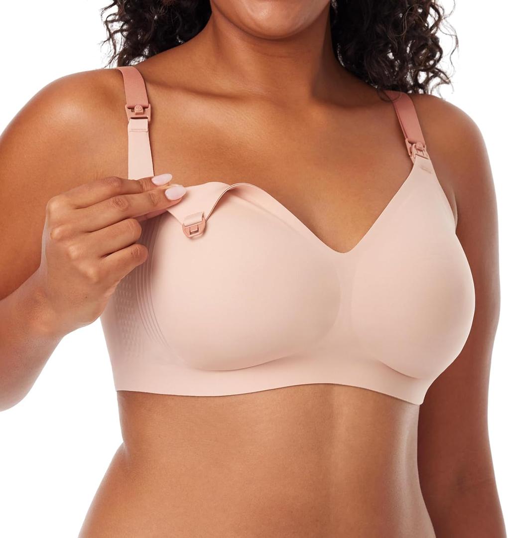Momcozy Nursing Bras for Breastfeeding, 3.0 Jelly Strip Lift Support Maternity Bra, Seamless Soft Wirefree Pregnancy Bra (X-Large Plus, Peach Rose)