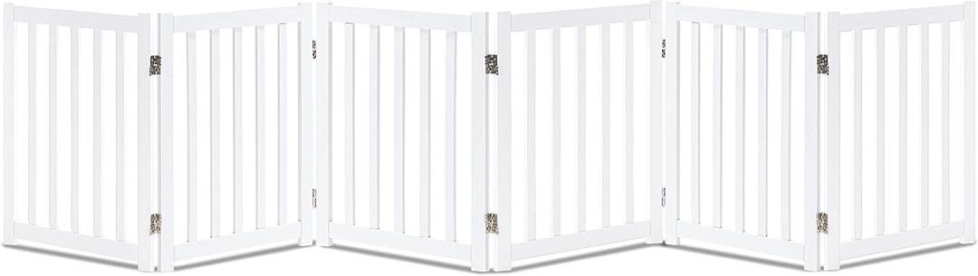 LZRS 6-Panel Extra-Wide Freestanding Wooden Dog Gate Indoor 24High Foldable Safety Pet Barrier for Doorways, Hallways, Kitchens, and Long Staircases, Durable Design fit Small to Medium Dogs, White