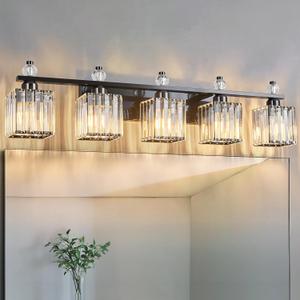 Vanity Lights 5-Light Modern Crystal Vanity Light Plating Black Bathroom Light Fixtures Over Mirror Crystal Bathroom Vanity Lighting Fixtures