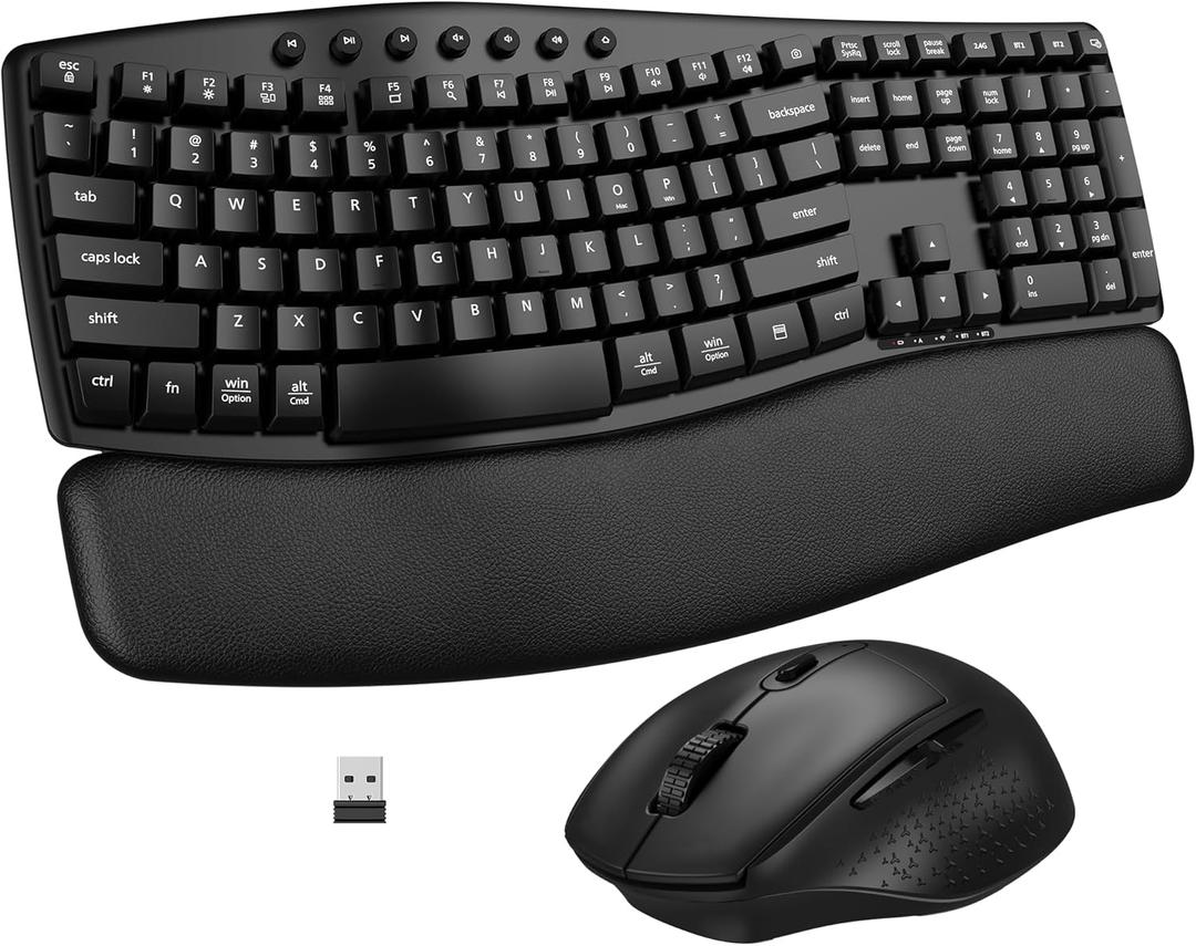 Ergonomic Wireless Keyboard Mouse Combo, EDJO Bluetooth/2.4G Dual-Mode Connection, Soft Foam Wrist Rest, Silent Typing, Waves Key Design and 3-Level DPI Adjustable Wireless Mouse for Windows, Mac OS - Black