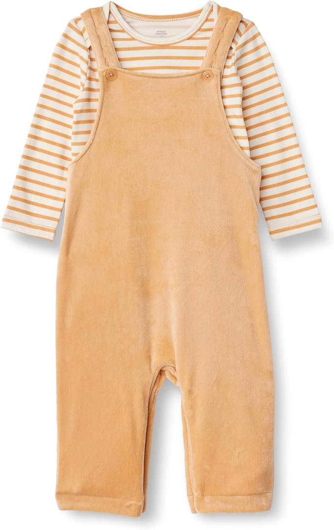 Amazon Essentials baby-girls Velour Overall and Long Sleeve Bodysuit Set (0-3 Months, Light Camel/Stripe)